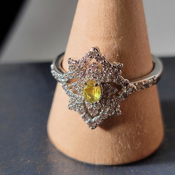 Ornate Rhodium-Plated Size 9 Ring with Yellow Gemstone and Intricate Detailing - Picture 3 of 15